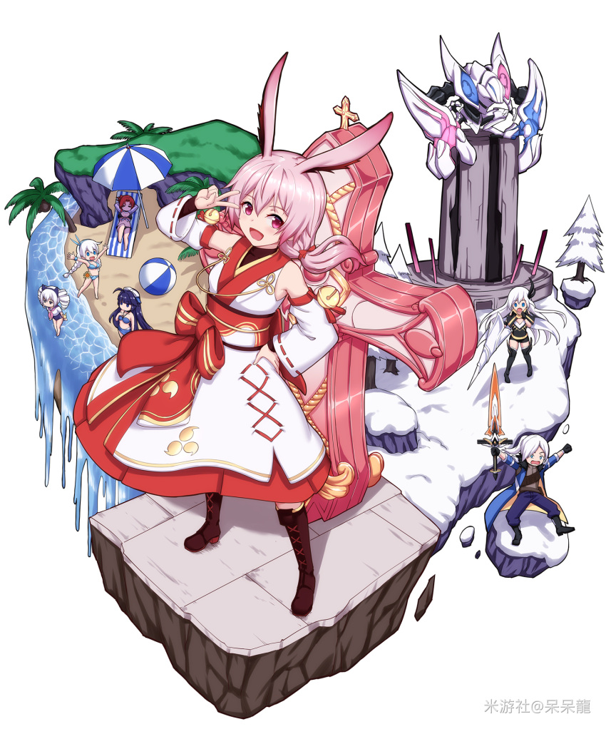 1boy, 6+girls, :d, :o, ahoge, animal_ears, arm_up, arms_up
