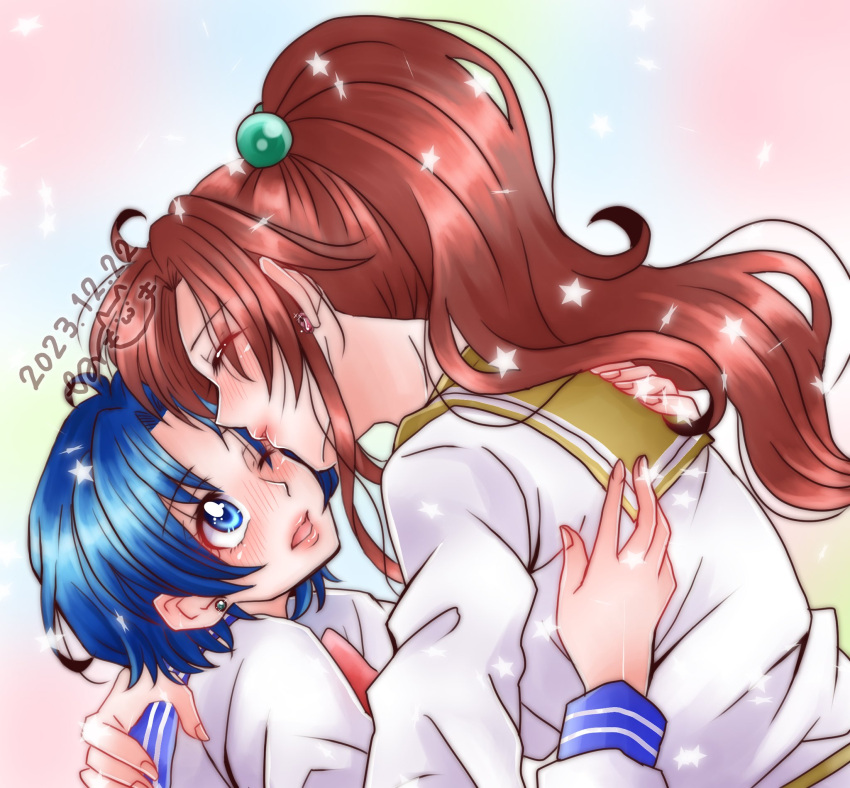 1girl, bishoujo_senshi_sailor_moon, blue_eyes, blue_hair, blue_sailor_collar, bow, brown_hair, closed_eyes