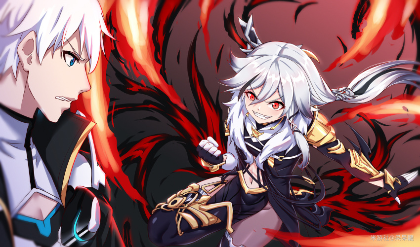 1boy, 1girl, black_coat, black_dress, black_gloves, blue_eyes, boots, china_dress