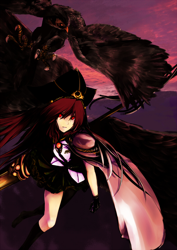 alternate_costume, bird, cape, falcon, gloves, hat, long_hair, red_eyes