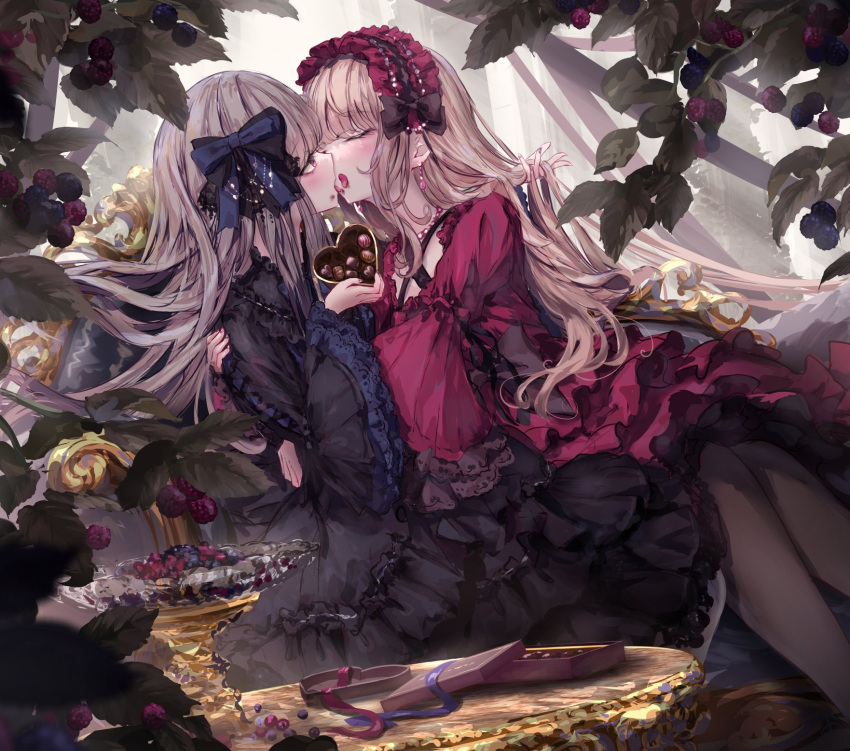 2girls, black_bow, black_dress, black_hairband, blackberry_(fruit), blue_bow, blue_nails, blunt_bangs