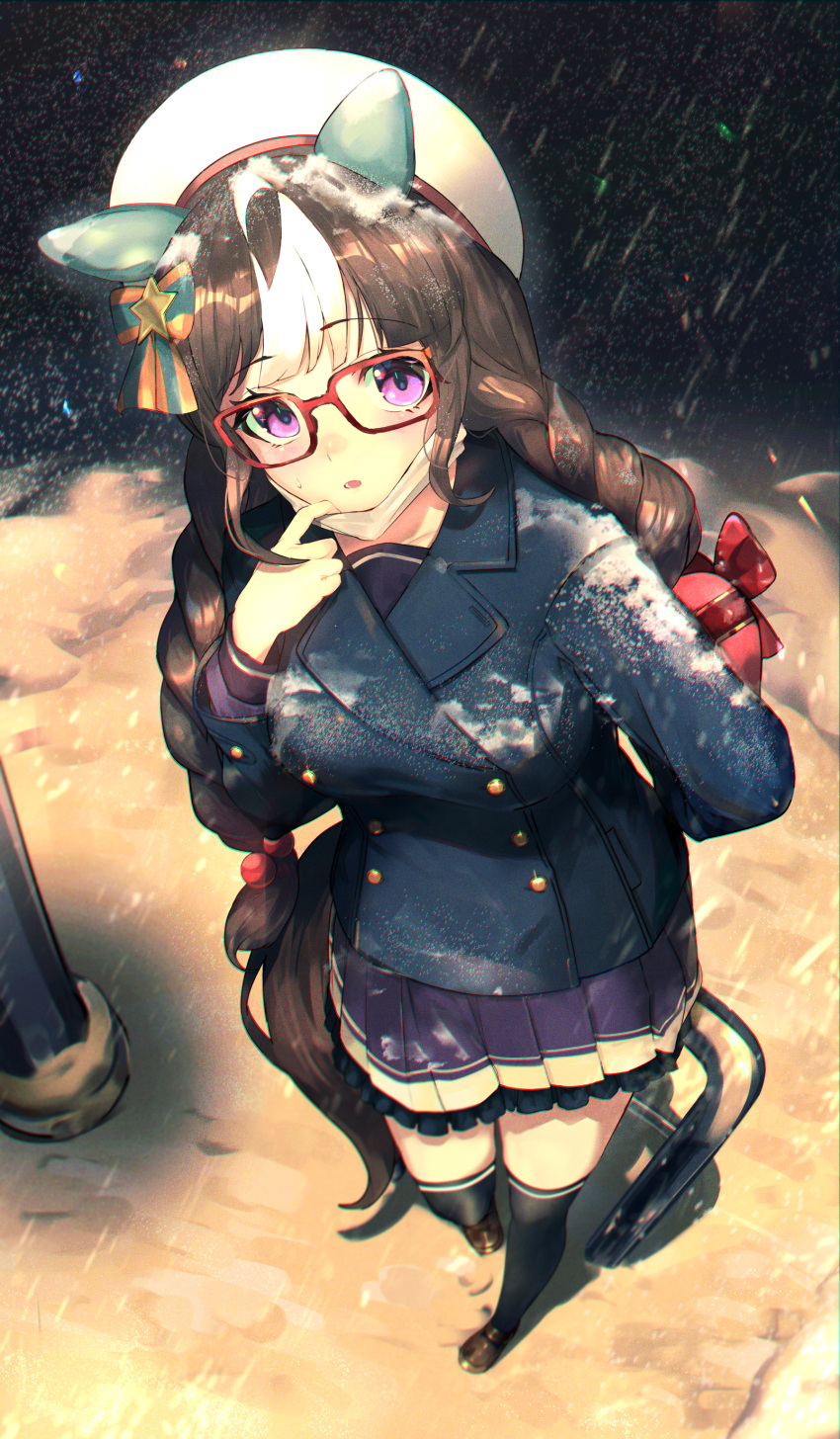 1girl, absurdres, box, braid, breasts, brown_footwear, ear_covers, frilled_skirt