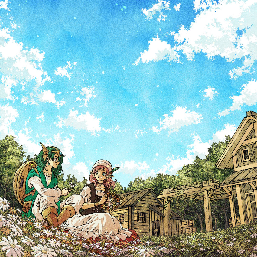 1boy, 1girl, blue_sky, boots, brown_footwear, closed_mouth, clouds, collarbone