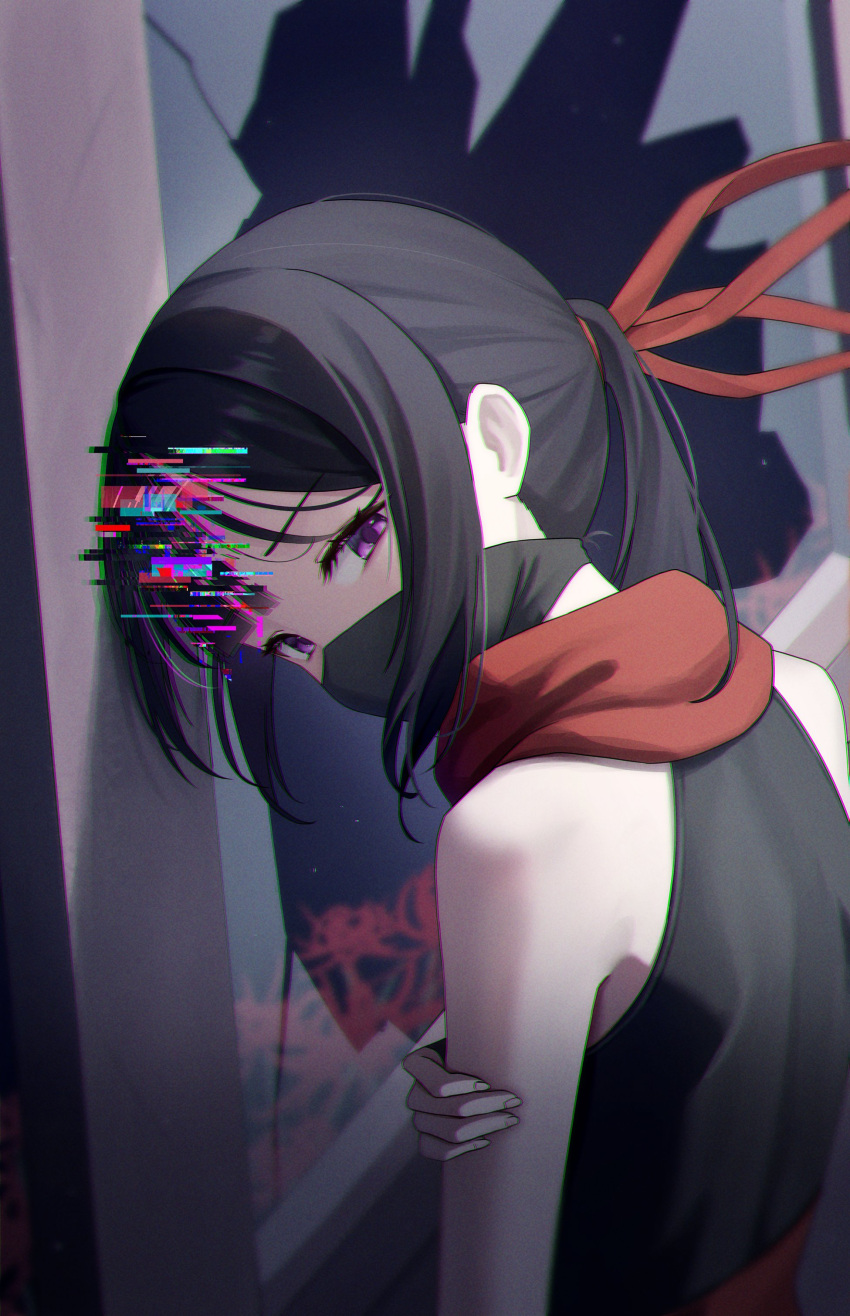 1girl, absurdres, bare_shoulders, black_hair, black_mask, broken_window, chromatic_aberration, commentary_request, dokgo_hyeji, flower, from_behind, hair_ribbon, highres, holding_own_arm, long_hair, looking_at_viewer, looking_back, mask, mouth_mask, ponytail, red_ribbon, red_scarf, ribbon, rinrasetsu, scarf, sidelocks, solo, spider_lily, violet_eyes, virtual_youtuber, waktaverse