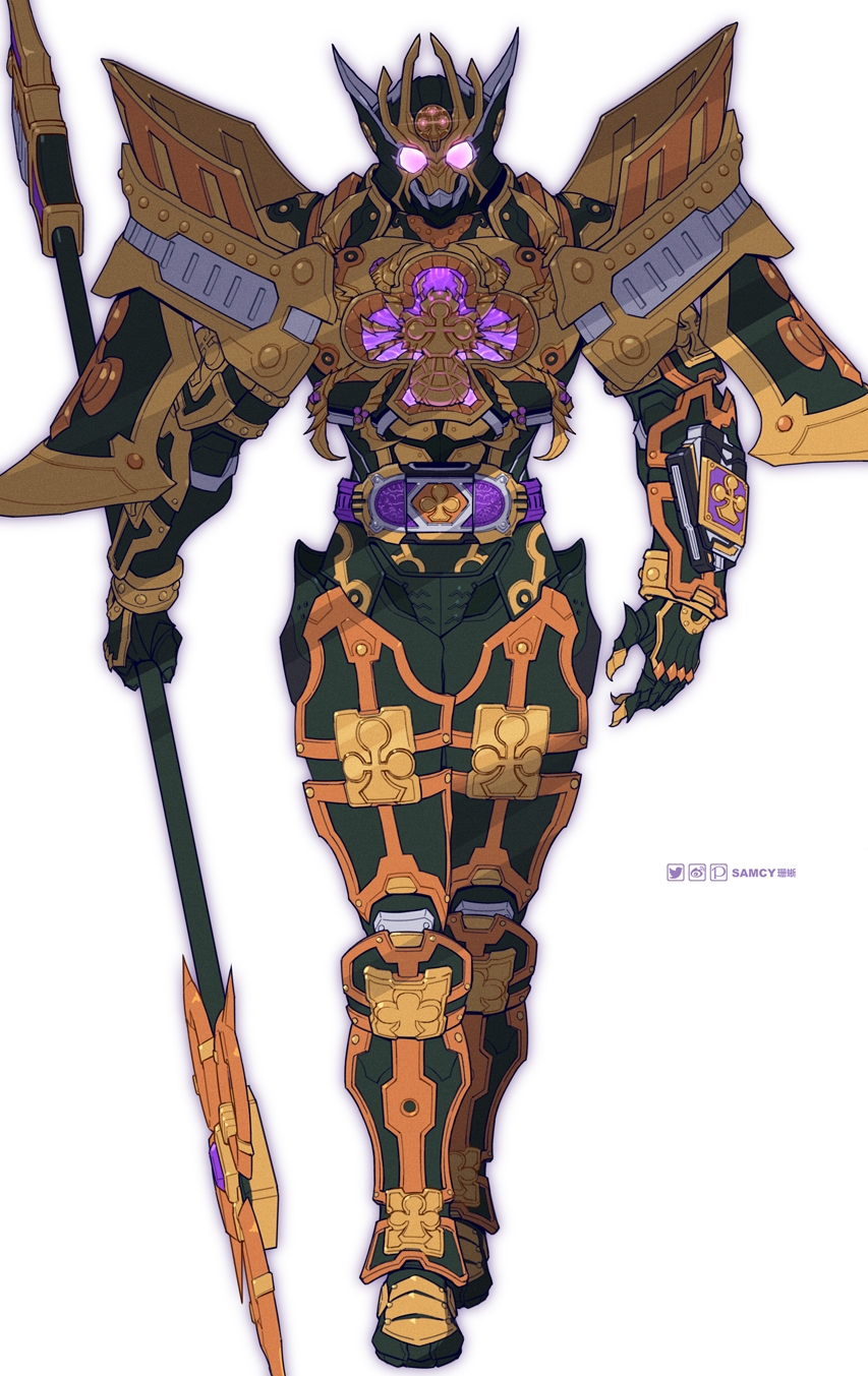 1boy, armor, belt, full_armor, full_body, highres, holding, holding_weapon, kamen_rider, kamen_rider_blade_(series), kamen_rider_leangle, kamen_rider_leangle_(king_form), male_focus, simple_background, solo, tokusatsu, tongzhen_ganfan, weapon, white_background