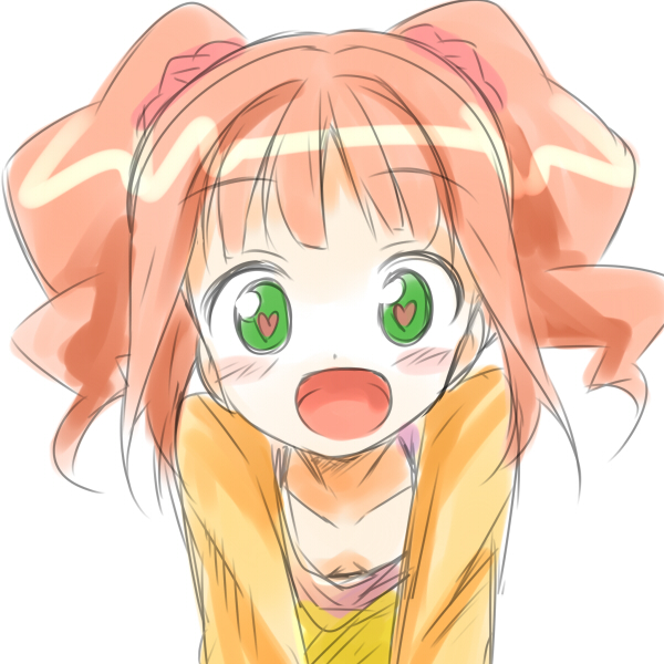 bent_over, brown_hair, down_blouse, flat_chest, green_eyes, happy, heart, heart-shaped_pupils