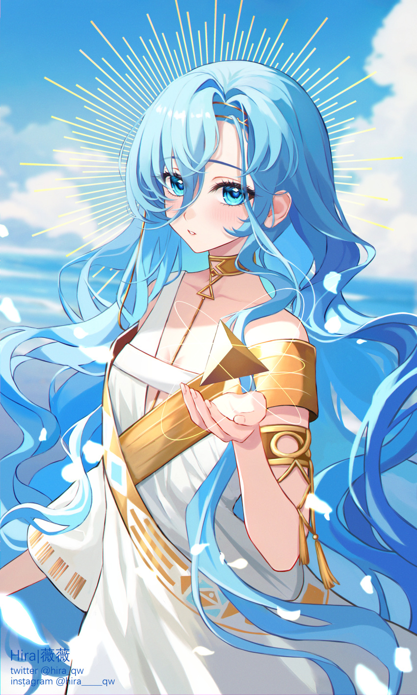 1girl, 37_(reverse:1999), absurdres, ancient_greek_clothes, armlet, artist_name, blue_eyes, blue_hair