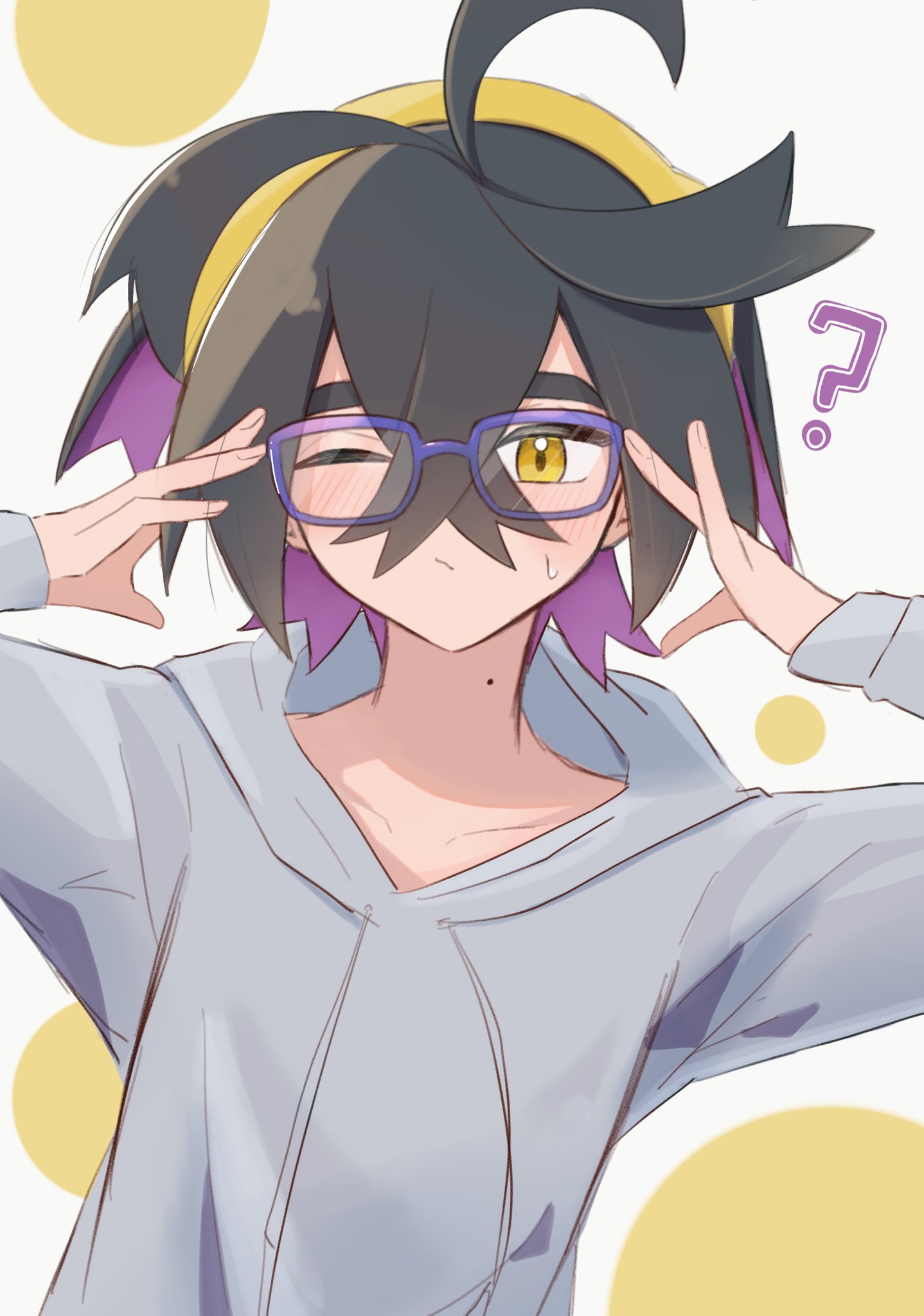 1boy, ?, black_hair, blue-framed_eyewear, blush, closed_mouth, collarbone, colored_inner_hair