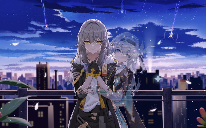 2girls, absurdres, angst, black_gloves, black_hairband, black_jacket, black_pants, blue_ribbon