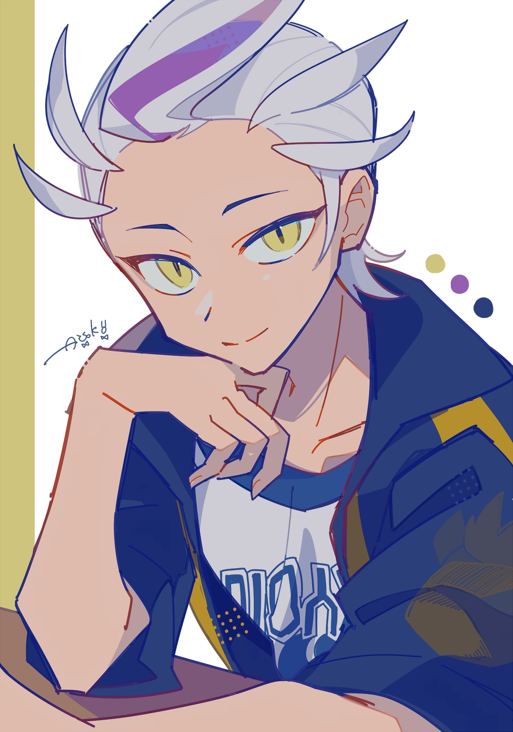 1boy, arm_support, auko, black_jacket, color_guide, commentary_request, drayton_(pokemon), head_rest