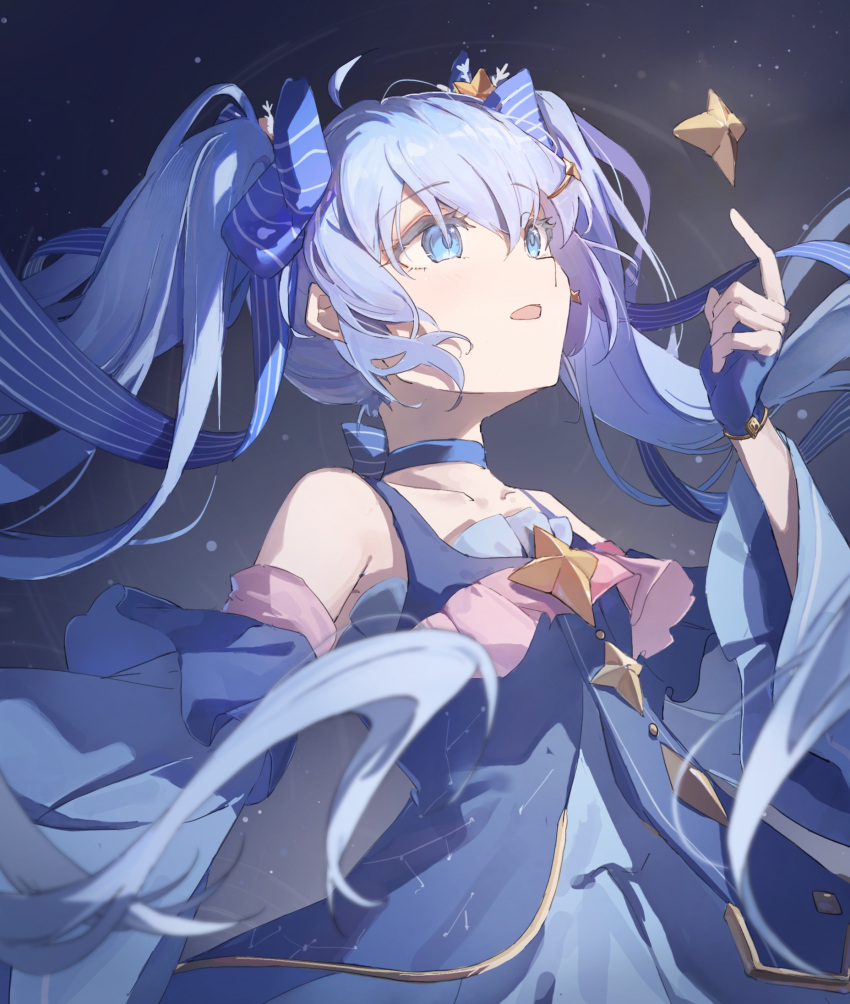 1girl, bare_shoulders, blue_dress, blue_eyes, blue_gloves, blue_hair, blue_ribbon, commentary