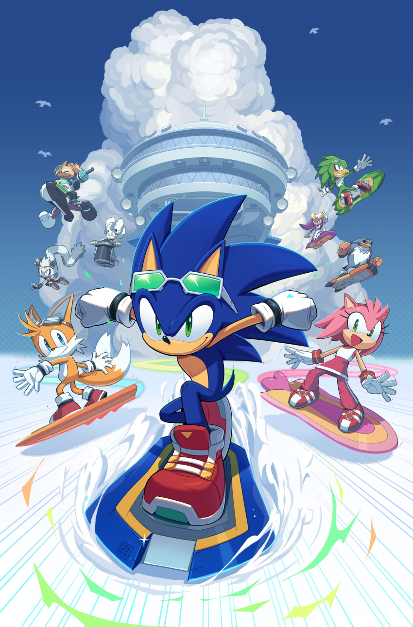 4boys, 5girls, absurdres, alternate_costume, amy_rose, amy_rose_(riders), beak, blue_eyes
