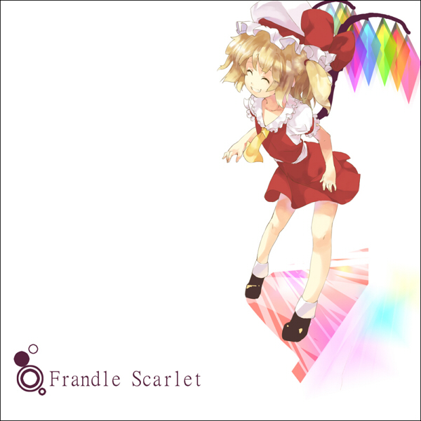 blonde_hair, bow, character_name, closed_eyes, dress, engrish, flandre_scarlet, grin