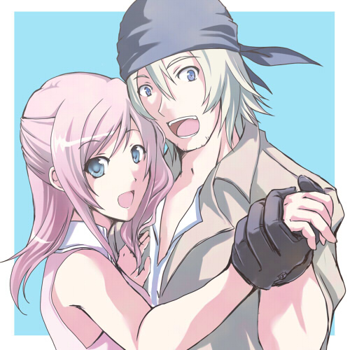 1girl, :d, bad_id, bandana, blonde_hair, blue_eyes, couple, final_fantasy