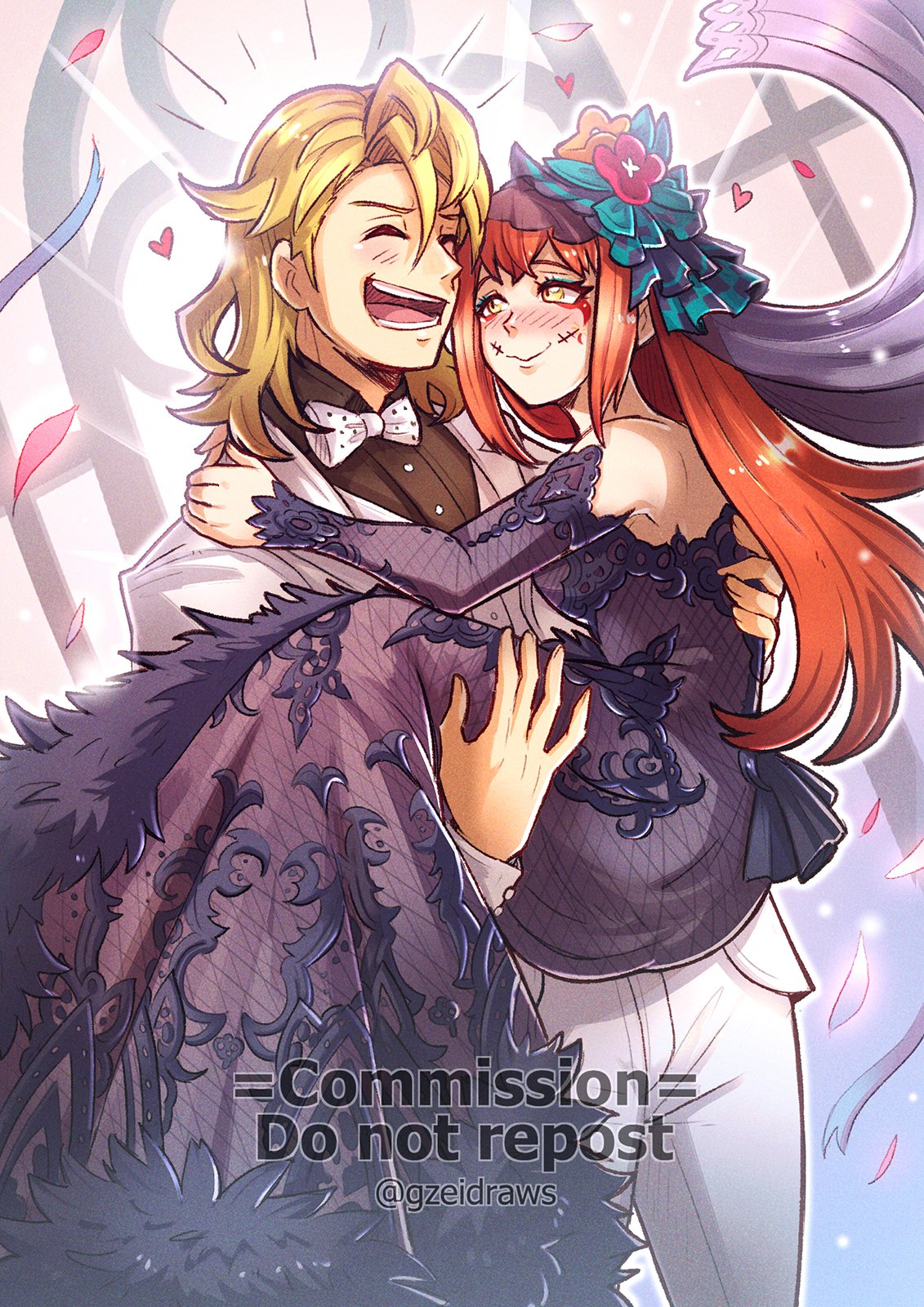 1boy, 1girl, amber_(fire_emblem), black_dress, carrying, couple, dress, fire_emblem, fire_emblem_engage, gzei, hair_ornament, hetero, highres, husband_and_wife, laughing, panette_(fire_emblem), princess_carry, smile, suit, wedding_dress, white_suit