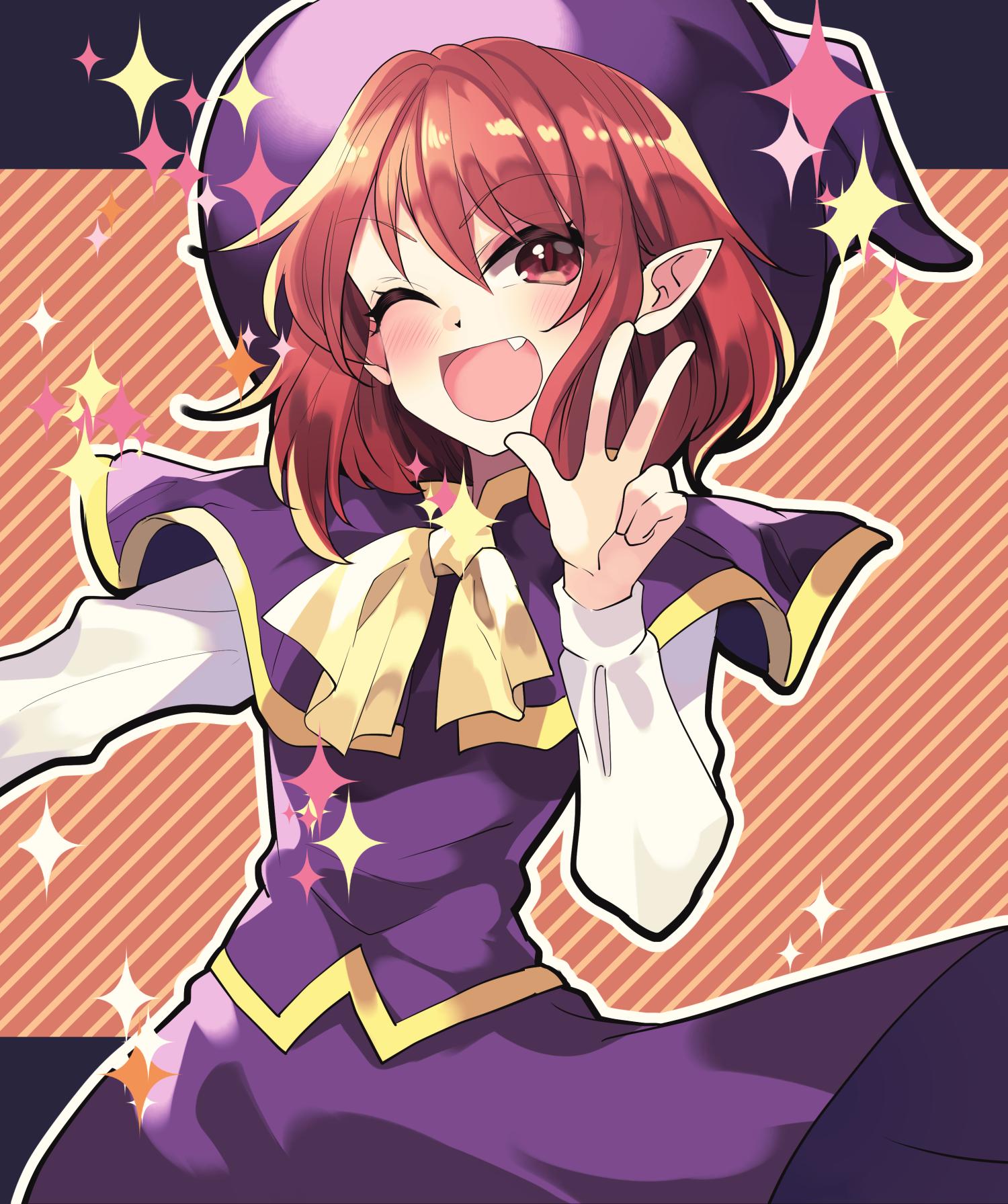 1girl, ;d, bow, capelet, dress, fang, fang_out, hat