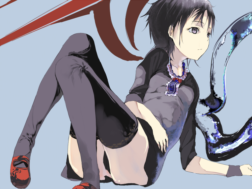 black_eyes, black_hair, black_legwear, black_thighhighs, houjuu_nue, kotoba, mary_janes, shoes, short_hair, simple_background, solo, thigh-highs, thighhighs, touhou, wings, wristband
