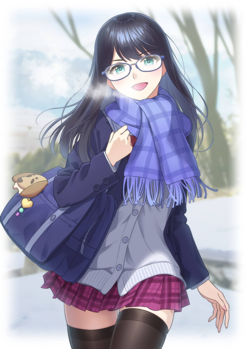 1girl, :d, absurdres, bag, black_hair, black_thighhighs, blue-framed_eyewear, blue_jacket, blue_scarf, blurry, blurry_background, blurry_border, border, cardigan, cowboy_shot, girugiru_(tektonics6588), glasses, green_eyes, highres, jacket, long_hair, long_sleeves, looking_at_viewer, miniskirt, open_clothes, open_jacket, open_mouth, original, outdoors, plaid, plaid_scarf, plaid_skirt, pleated_skirt, red_skirt, scarf, school_bag, skirt, smile, solo, standing, straight_hair, thigh-highs, thigh_gap, white_border, white_cardigan, winter, zettai_ryouiki