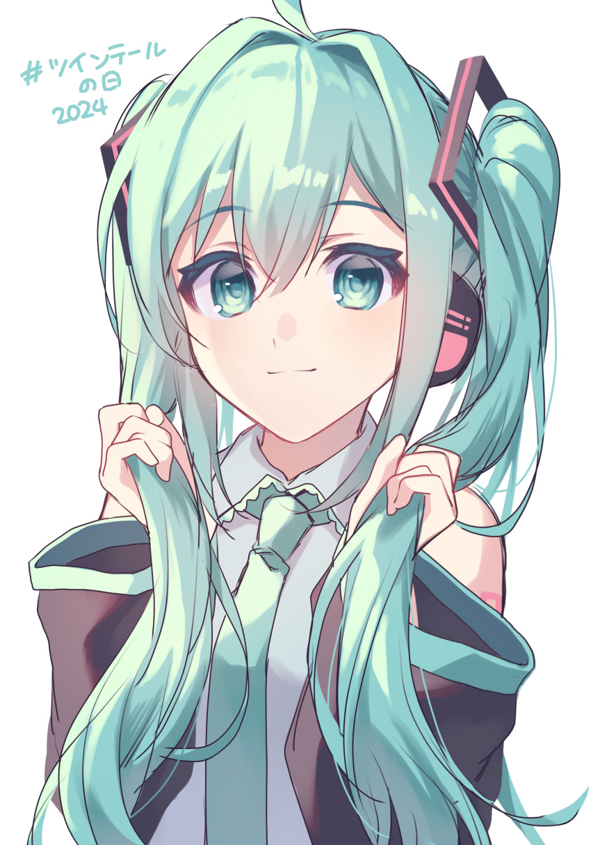 1girl, 2024, absurdres, ahoge, black_sleeves, blue_eyes, blue_hair, blue_necktie