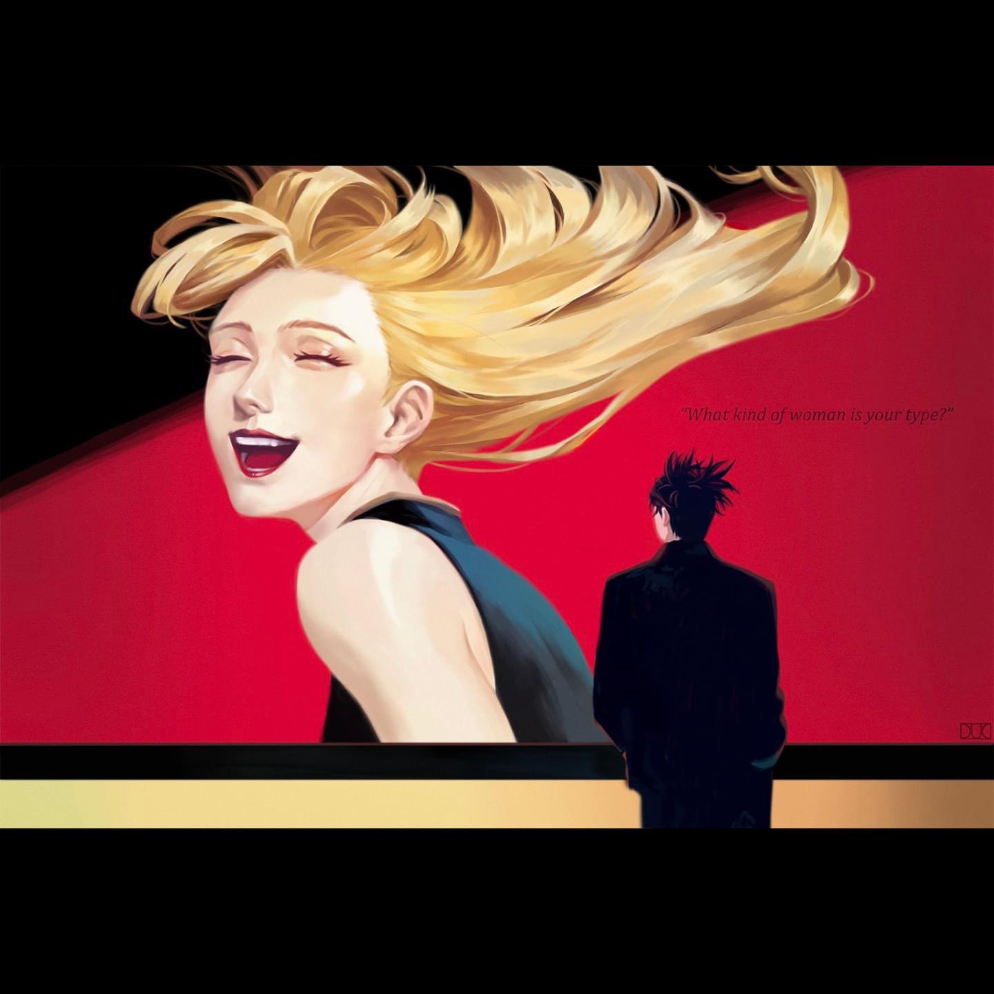 1boy, 1girl, ^_^, back, black_hair, black_jacket, black_pants, blonde_hair, choso_(jujutsu_kaisen), closed_eyes, ducnguyen21, english_commentary, floating_hair, highres, jacket, jujutsu_kaisen, letterboxed, meme, open_mouth, pants, smile, tsukumo_yuki_(jujutsu_kaisen), upper_body, veil_(manga), veil_scene_14_redraw_(meme)