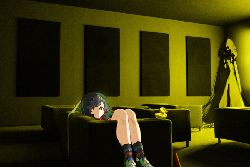 2girls, absurdres, black_hair, black_socks, blue_eyes, closed_mouth, colored_inner_hair, commentary