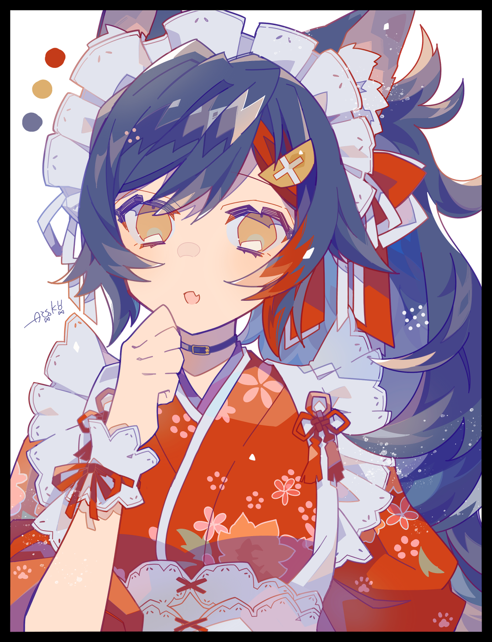 1girl, :o, animal_ear_fluff, animal_ears, apron, auko, black_hair, clenched_hand