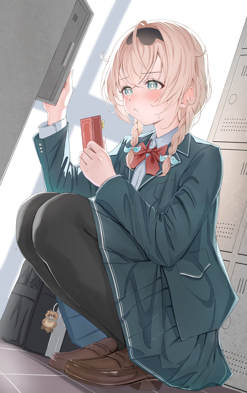 1girl, absurdres, bag, black_bag, black_pantyhose, blush, bow, bowtie