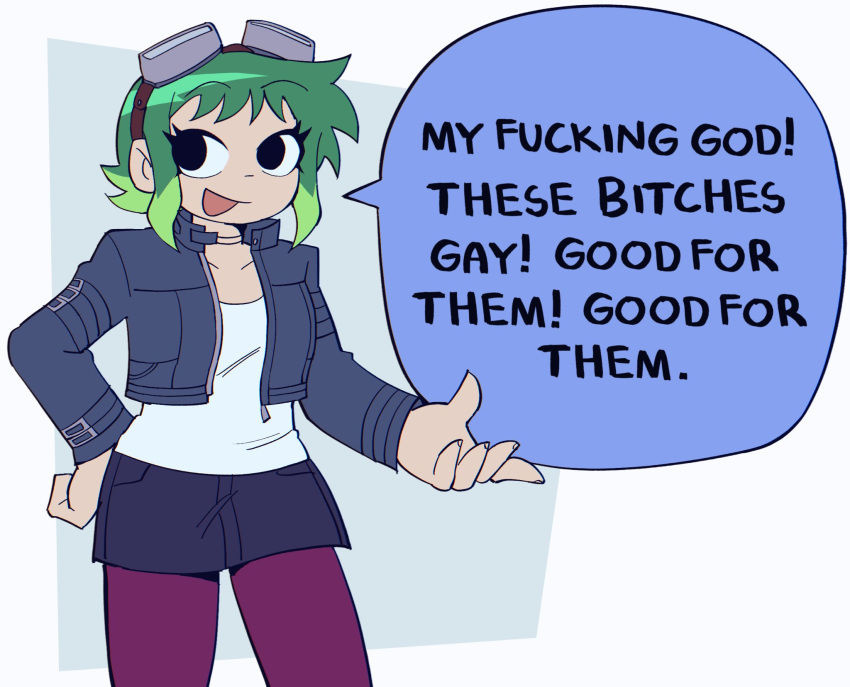 1girl, bag, black_eyes, blue_pepe, colored_tips, cropped_jacket, english_text, goggles