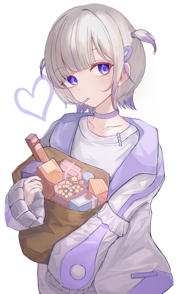 1girl, asaikeu, bag, blonde_hair, brown_bag, candy, choker, food