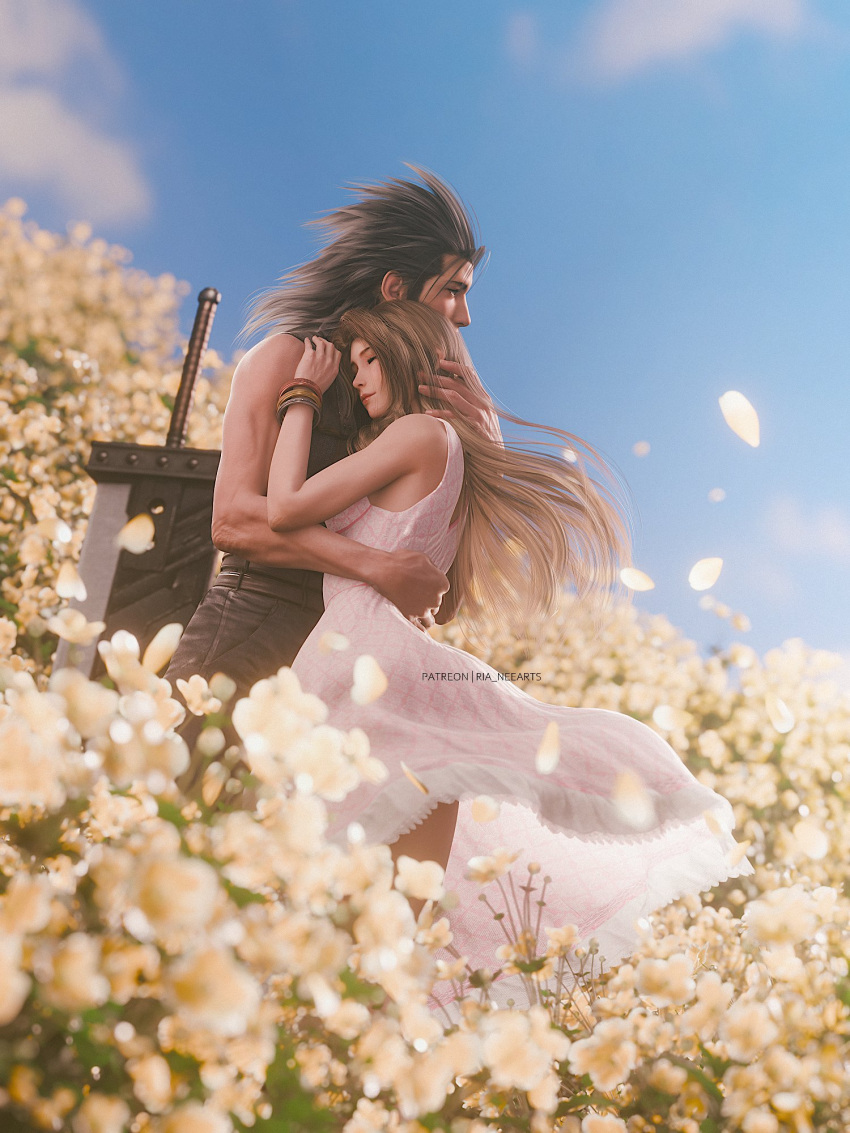 1boy, 1girl, 3d, aerith_gainsborough, bangle, bare_arms, bare_shoulders, black_hair, blue_eyes, blue_sky, bracelet, brown_hair, buster_sword, closed_eyes, closed_mouth, clouds, cloudy_sky, commentary, couple, crisis_core_final_fantasy_vii, dress, falling_petals, feet_out_of_frame, field, final_fantasy, final_fantasy_vii, final_fantasy_vii_rebirth, final_fantasy_vii_remake, flower, flower_field, hair_slicked_back, hand_on_another's_head, highres, hug, jewelry, long_hair, outdoors, parted_bangs, petals, pink_dress, planted, planted_sword, ria_(baka-neearts), sky, sleeveless, sleeveless_dress, sleeveless_turtleneck, spiky_hair, standing, sweater, sword, symbol-only_commentary, turtleneck, turtleneck_sweater, weapon, wind, wind_lift, yellow_flower, zack_fair
