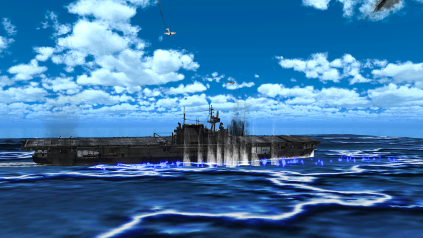 a6m_zero, aircraft, aircraft_carrier, battle, battle_of_santa_cruz, clouds, commentary_request, contrail, damaged, highres, military, military_vehicle, ocean, radio_antenna, real_life, ship, smoke, tower, user_kcsp4783, uss_hornet_(cv-8), warship, watercraft, waves, world_war_ii