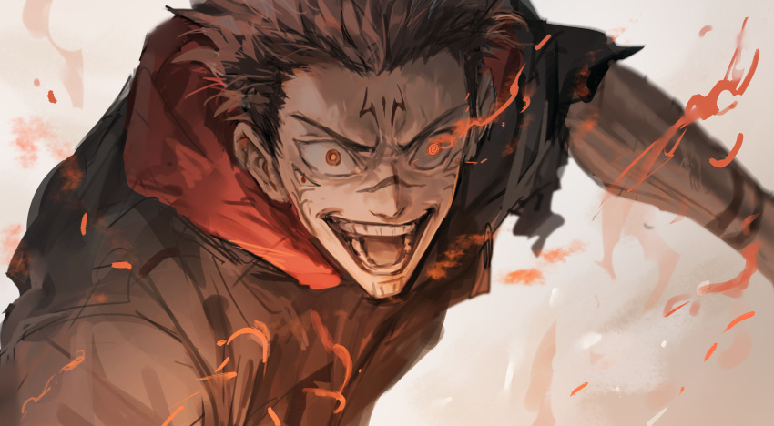 1boy, absurdres, arm_tattoo, black_jacket, evil_smile, extra_eyes, facial_tattoo, fire
