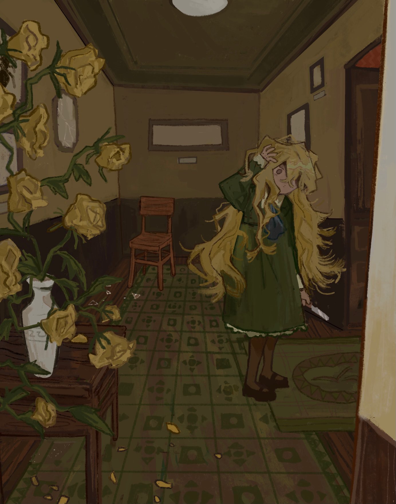 1girl, arm_at_side, ascot, bananpam, black_footwear, black_pantyhose, blonde_hair, blue_ascot, brown_eyes, chain, collared_dress, commentary, dress, english_commentary, flower, green_dress, hair_over_one_eye, hallway, hand_on_own_head, head_tilt, highres, holding, holding_knife, ib, indoors, knife, long_hair, long_sleeves, mary_(ib), mary_janes, messy_hair, one_eye_covered, open_door, pantyhose, petals, plant, potted_plant, rose, rug, shoes, sleeve_cuffs, solo, standing, vase, wide-eyed, wide_shot, yellow_flower, yellow_rose