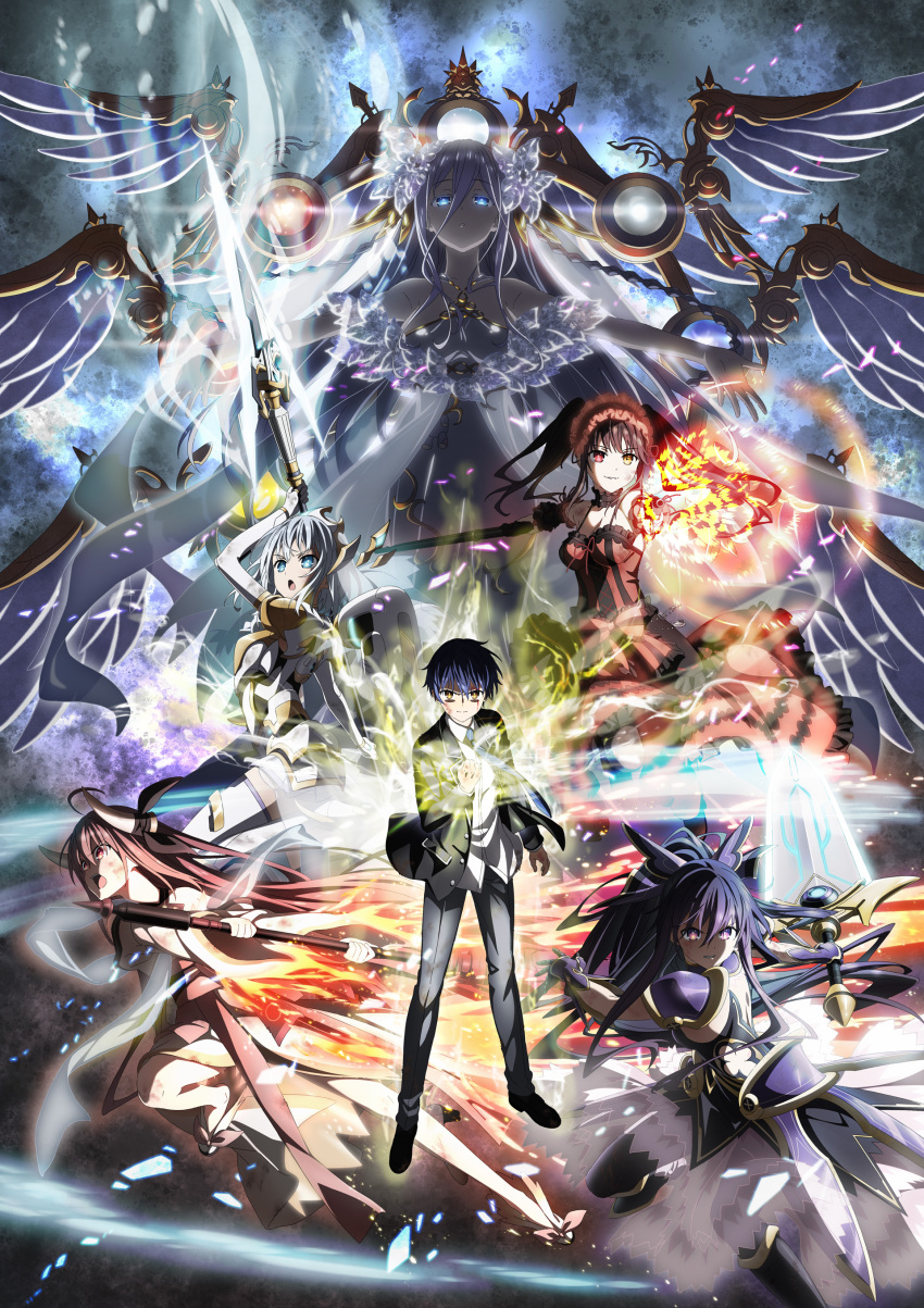 1boy, 5girls, absurdres, armor, armored_dress, bare_shoulders, black_hair, blue_hair