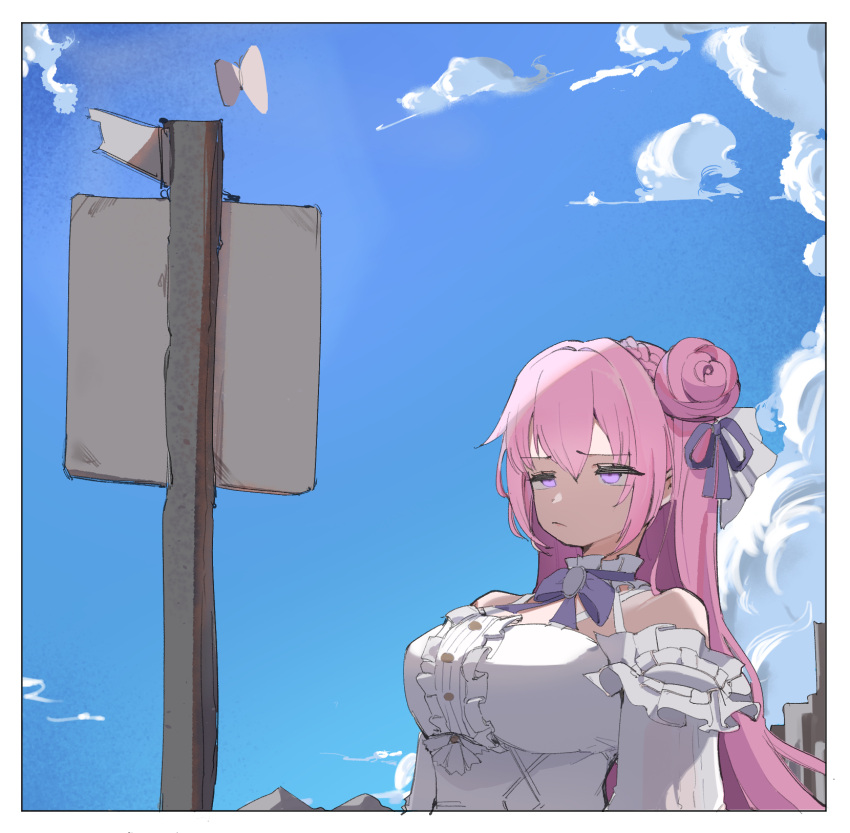 1girl, border, bow, bowtie, clouds, dorothy_(nikke), dress, goddess_of_victory:_nikke