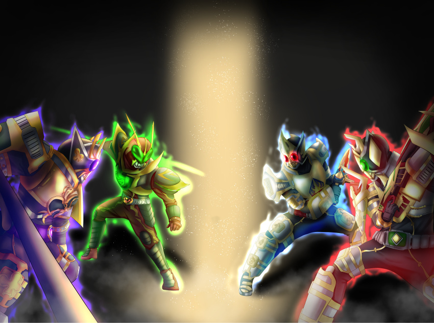 4boys, absurdres, armor, belt, bodysuit, cannon, character_request, full_armor, full_body, gfga7577, gold_armor, green_eyes, gun, helmet, highres, holding, holding_gun, holding_sword, holding_weapon, horns, kamen_rider, kamen_rider_blade_(king_form), kamen_rider_blade_(series), kamen_rider_chalice_(wild_form), kamen_rider_garren, kamen_rider_garren_(king_form), kamen_rider_leangle, kamen_rider_leangle_(king_form), kamen_rider_outsiders, king_rouzer, male_focus, multiple_boys, red_eyes, rider_belt, sword, tokusatsu, violet_eyes, weapon