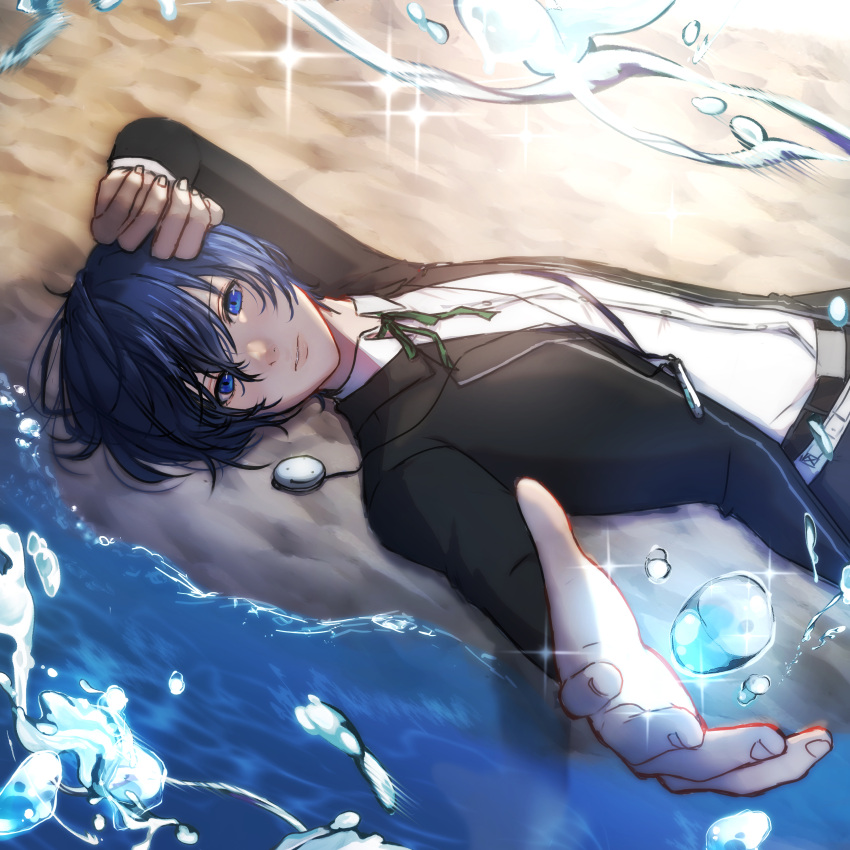 1boy, absurdres, belt, black_jacket, black_ribbon, blue_eyes, blue_hair, closed_mouth