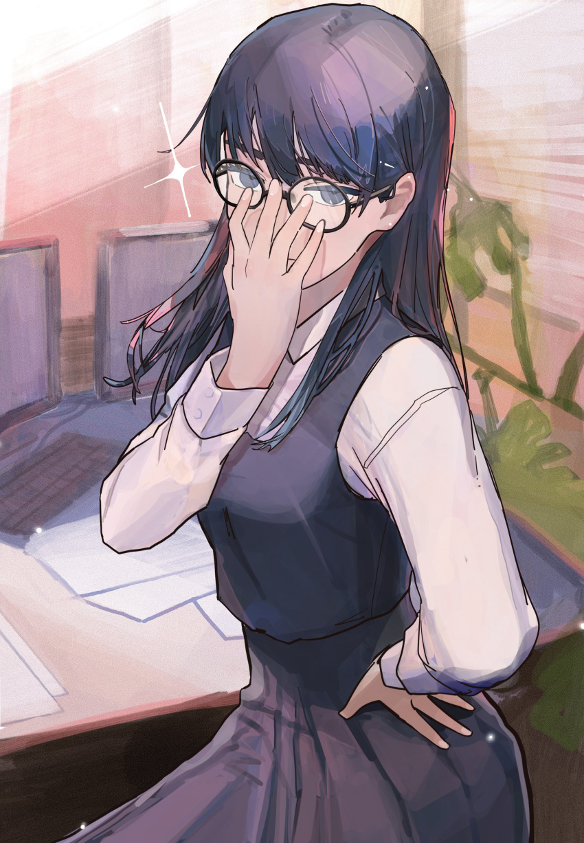 1girl, absurdres, black-framed_eyewear, black_eyes, black_hair, black_skirt, black_vest, chainsaw_man