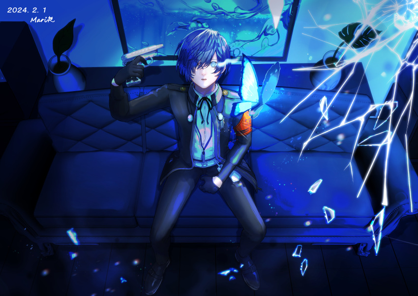 1boy, absurdres, black_gloves, black_jacket, black_pants, black_ribbon, blue_butterfly, blue_eyes