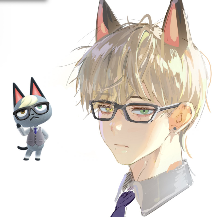 1boy, animal_crossing, animal_ears, black-framed_eyewear, blonde_hair, blue_necktie, cat_boy, cat_ears