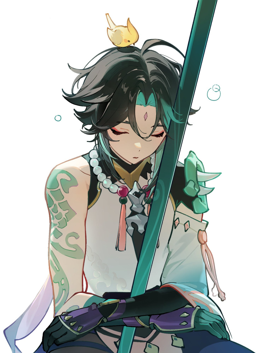 1boy, ahoge, annshiro76, aqua_gloves, aqua_hair, arm_armor, arm_tattoo, armor, bird, black_hair, blue_pants, closed_eyes, cloud_print, commentary, detached_sleeves, eyeshadow, feathered_wings, feathers, genshin_impact, gloves, gold_trim, hair_between_eyes, highres, jewelry, long_sleeves, makeup, male_focus, mandarin_collar, multicolored_hair, necklace, open_mouth, pants, pearl_necklace, polearm, primordial_jade_cutter_(genshin_impact), red_eyeshadow, shirt, short_hair, shoulder_armor, simple_background, single_bare_shoulder, single_detached_sleeve, sitting, sleeping, solo, spear, symbol-only_commentary, tassel, tattoo, two-tone_hair, weapon, white_background, white_shirt, wide_sleeves, wings, xiao_(genshin_impact), yellow_feathers