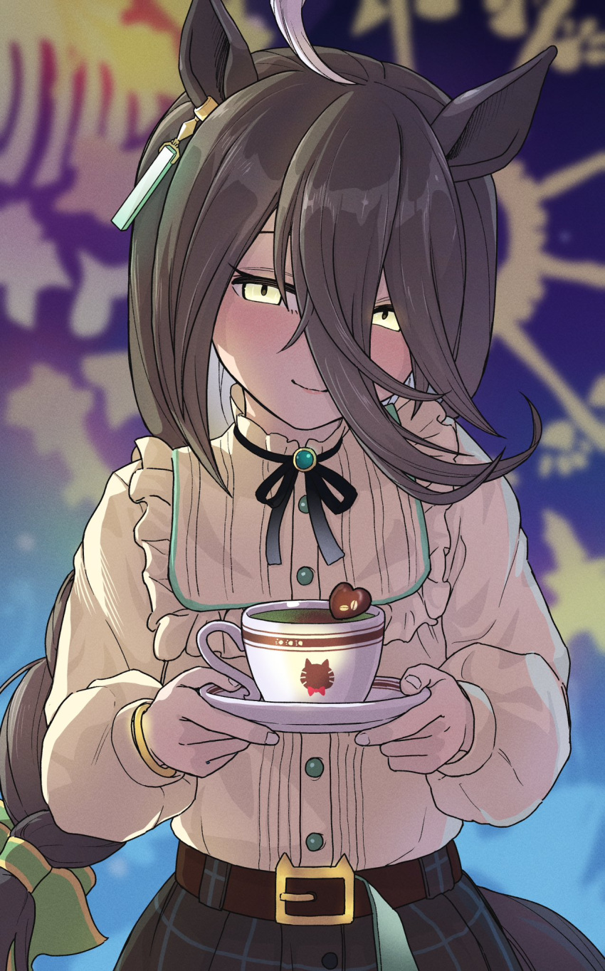 1girl, ahoge, animal_ears, belt, black_belt, black_bow, black_eyeliner, black_hair, blush, bow, braid, brooch, candy, chocolate, choker, coffee, cup, drink, ear_tag, earrings, eyelashes, eyeliner, food, frills, glowing, glowing_eyes, green_bow, hair_between_eyes, hair_bow, happy_valentine, heart, heart-shaped_chocolate, highres, holding, holding_cup, holding_drink, holding_plate, horse_ears, horse_girl, jewelry, kimihitsuji, light_smile, long_bangs, long_hair, long_sleeves, looking_at_viewer, low-tied_long_hair, makeup, manhattan_cafe_(verdant_night)_(umamusume), multicolored_hair, official_alternate_costume, official_alternate_hairstyle, plate, shirt, single_braid, single_earring, solo, umamusume, valentine, very_long_hair, white_hair, white_shirt, yandere, yellow_eyes