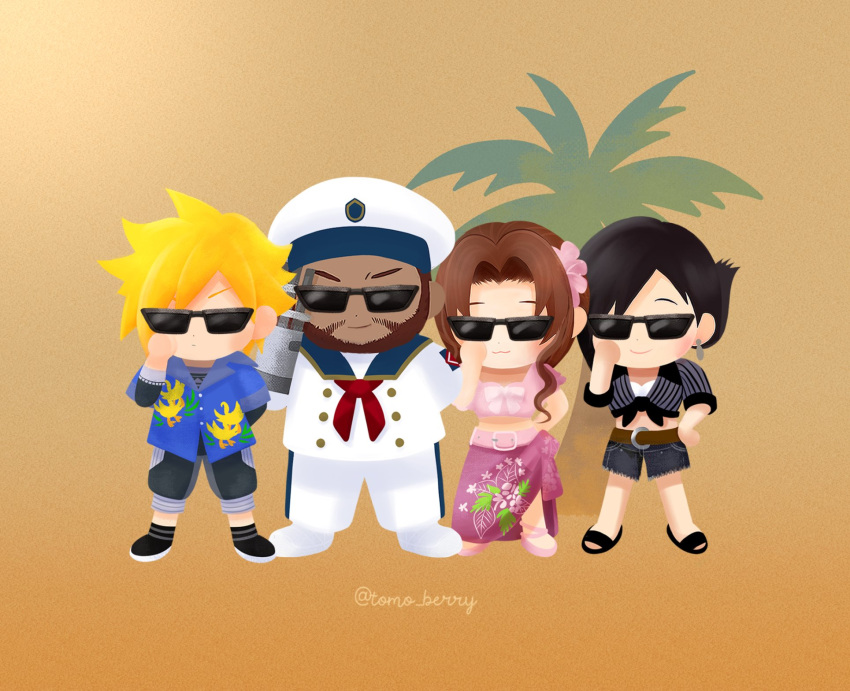 2boys, 2girls, :3, adjusting_eyewear, aerith_gainsborough, arm_cannon, ascot, barret_wallace