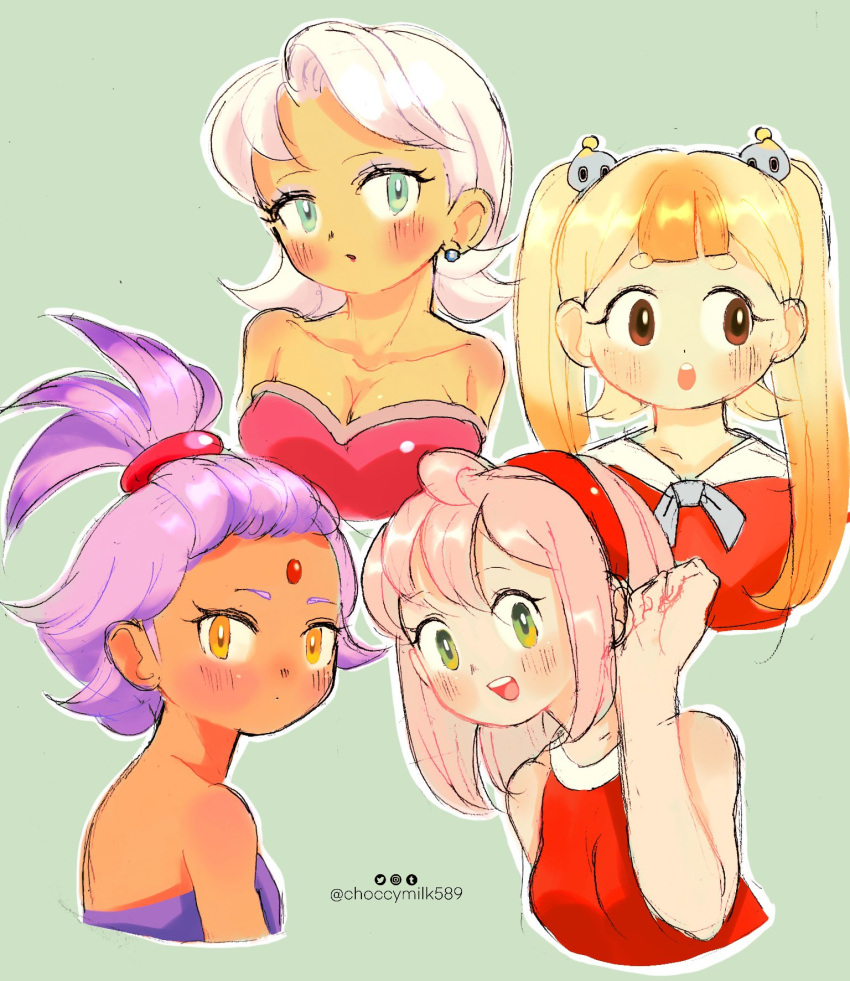 4girls, amy_rose, blaze_the_cat, blush, chao_(sonic), choccymilk589, cream_the_rabbit, forehead_jewel, green_background, green_eyes, hairband, highres, humanization, looking_at_viewer, multiple_girls, pink_hair, ponytail, purple_hair, red_hairband, rouge_the_bat, simple_background, sonic_(series), white_hair, yellow_eyes