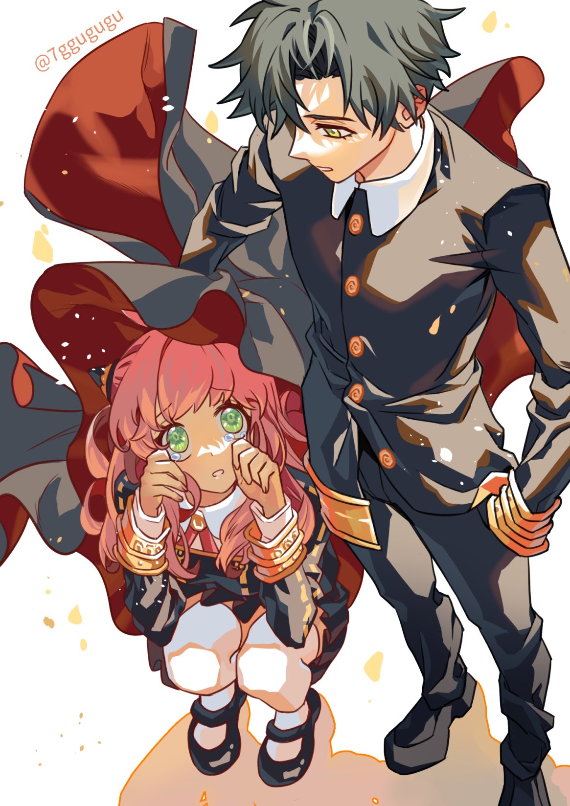 1boy, 1girl, anya_(spy_x_family), black_hair, damian_desmond, gakuran, green_eyes, highres