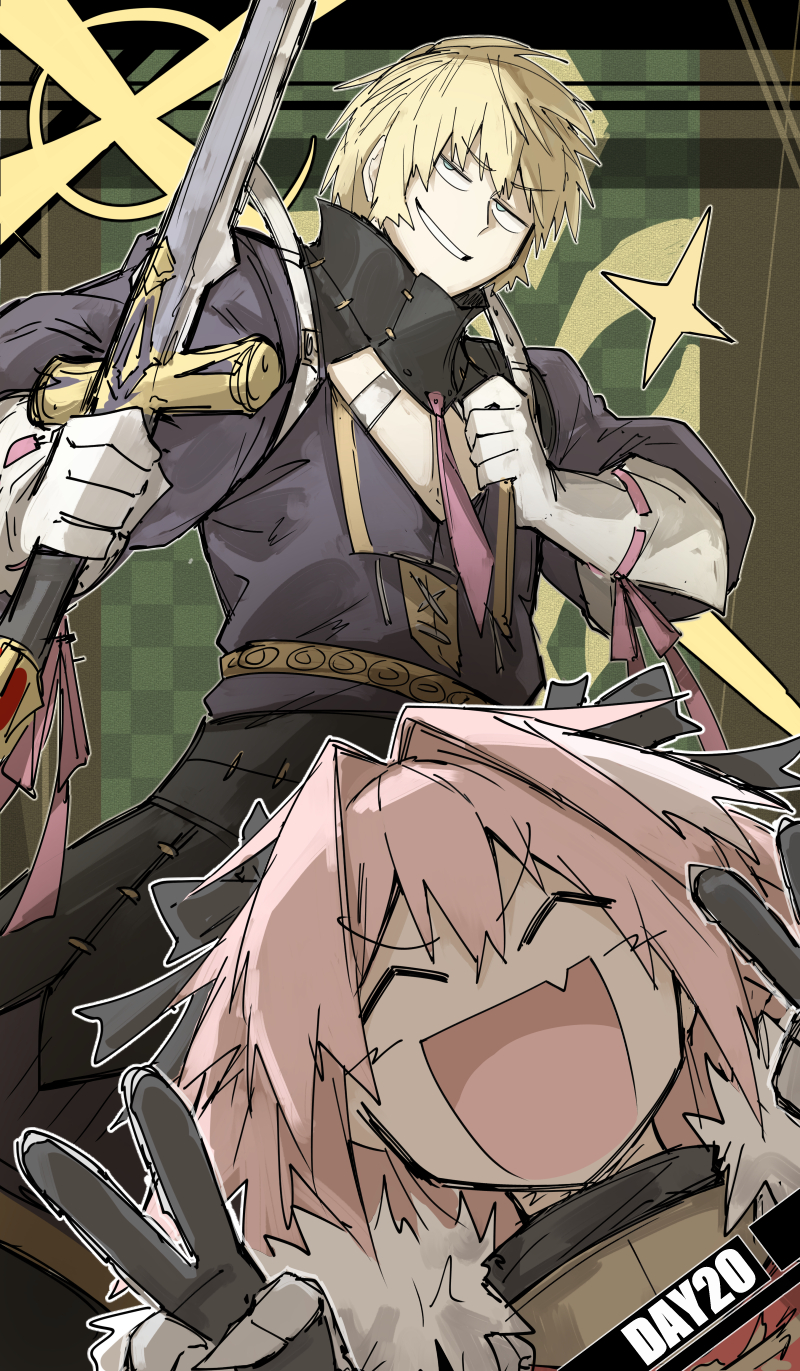 2boys, ;d, astolfo_(fate), black_ribbon, blonde_hair, cape, checkered_background, double_v, durandal_(fate), fate/grand_order, fate_(series), fur-trimmed_cape, fur_trim, gloves, grin, hair_between_eyes, hair_ribbon, highres, holding, holding_sword, holding_weapon, juliet_sleeves, kankan33333, long_sleeves, multiple_boys, necktie, one_eye_closed, open_mouth, outline, pink_hair, pink_necktie, pink_ribbon, puffy_sleeves, ribbon, roland_(fate), shoulder_belt, sleeve_ribbon, smile, sword, v, weapon, white_gloves, white_outline