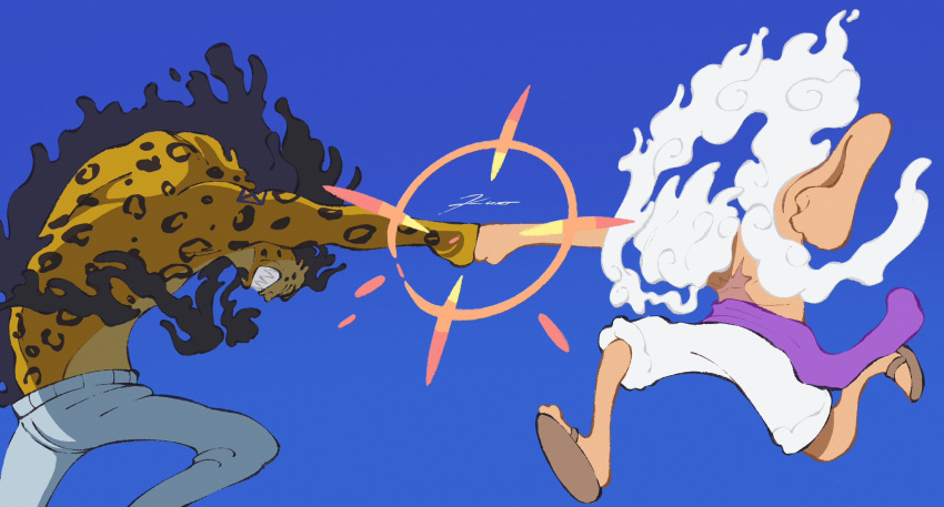 2boys, arched_back, black_hair, blue_background, blue_pants, clenched_hands, closed_eyes, closed_mouth