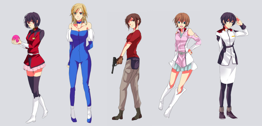 5girls, bare_shoulders, black_eyes, black_hair, black_thighhighs, blonde_hair, blue_eyes, bob_cut