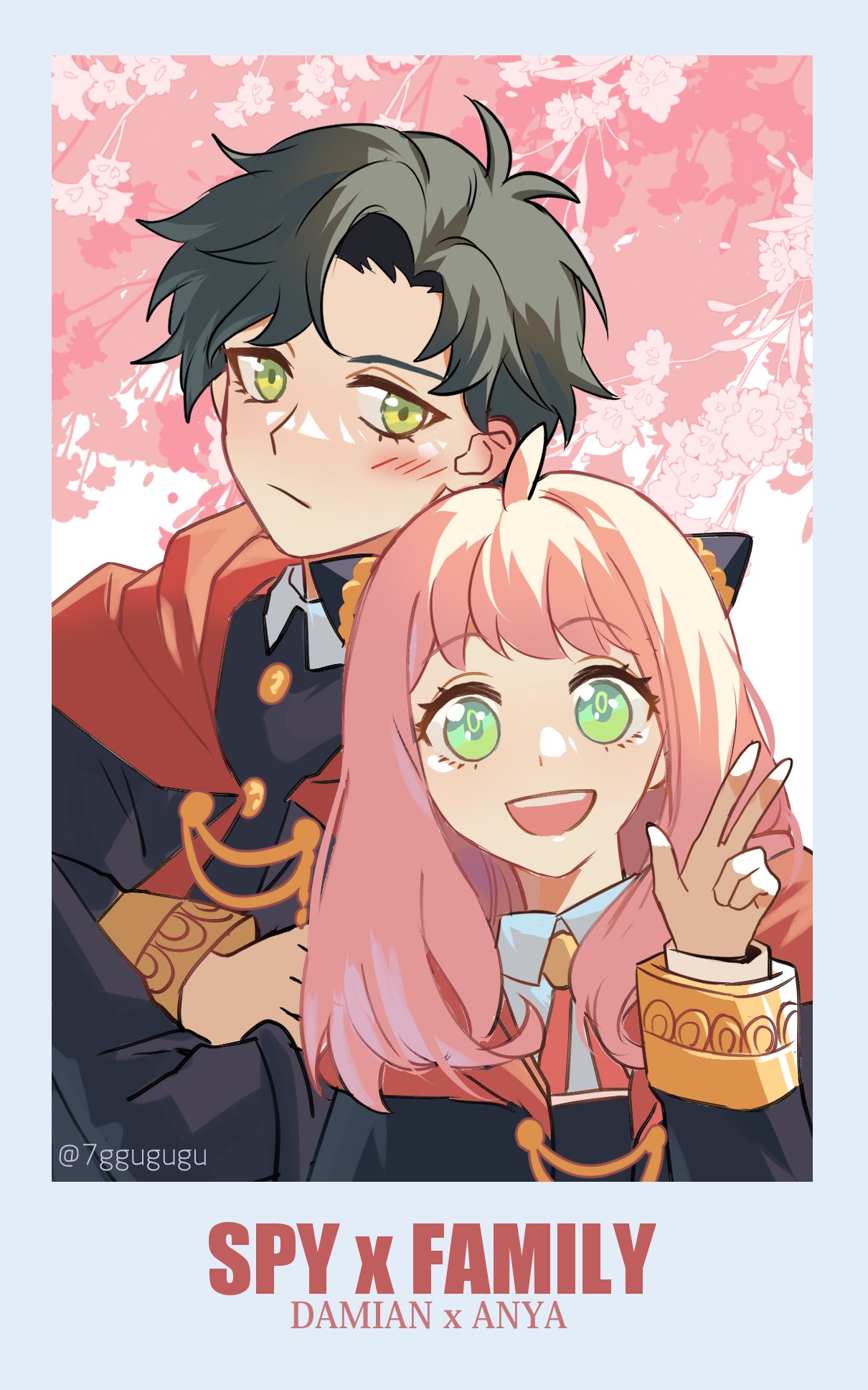 1boy, 1girl, anya_(spy_x_family), black_hair, blush, damian_desmond, green_eyes, highres