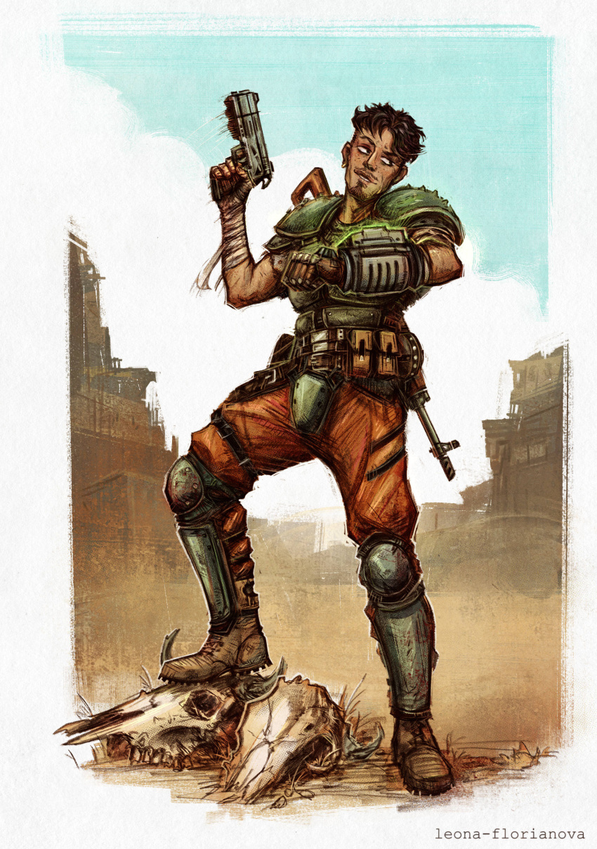 1boy, absurdres, ammunition_belt, ammunition_pouch, armor, assault_rifle, beard, black_hair